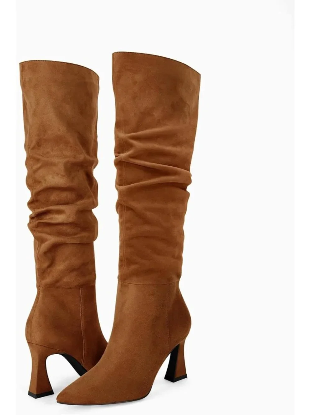Women's Brown Suede Wide Calf Pointed Toe Side Zipper Slouchy Knee High Boots